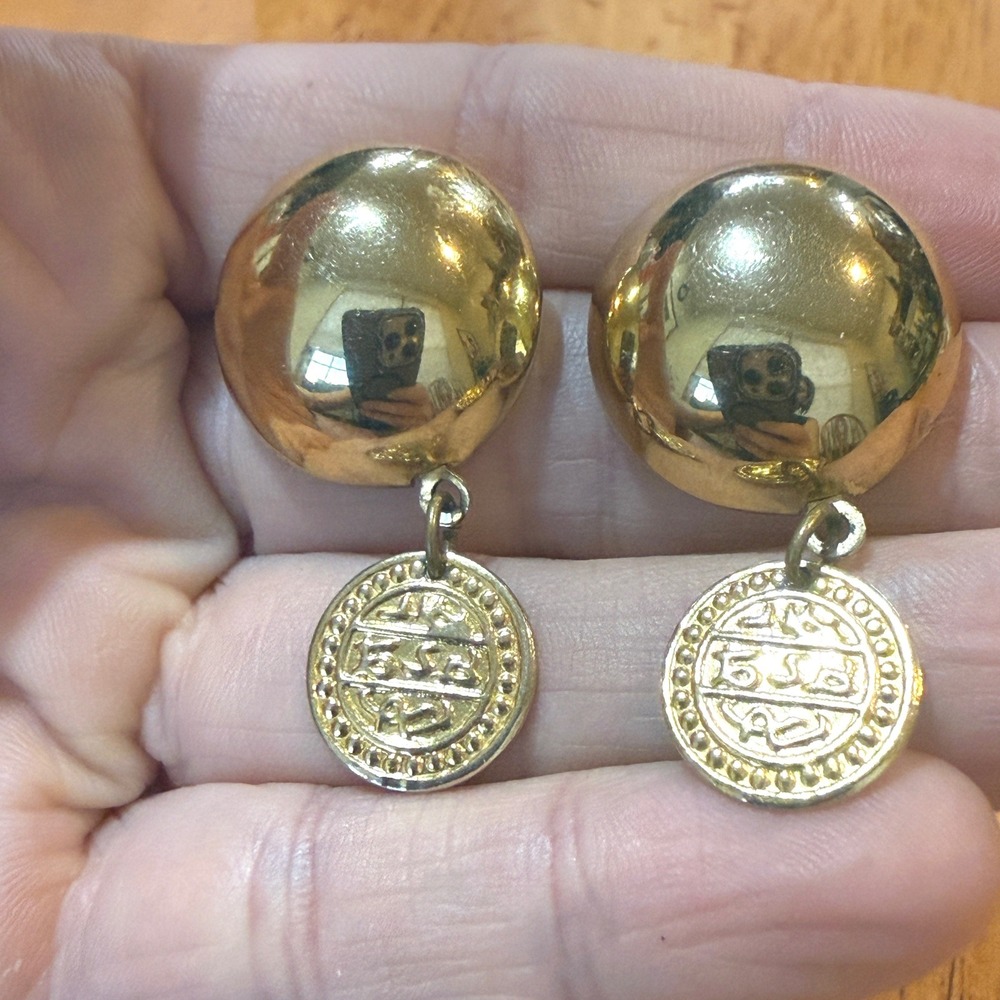 Vintage Gold Tone Dome Coin Drop Earrings High Shine Bold Statement Post Backs